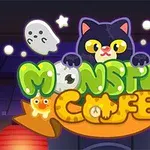 En kat med store øjne og to spøgelser svæver over teksten Monster Cafe omgivet af stjerner, med farverige lamper i baggrunden