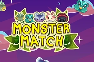 Farverige monstre og teksten Monster Match på en lilla baggrund med stjerner