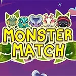 Farverige monstre og teksten Monster Match på en lilla baggrund med stjerner