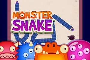 Farverige monstre foran en blå slange med en bille i baggrunden og teksten Monster Snake i midten