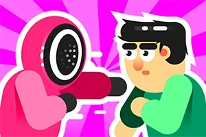 En tegneseriefigur i pink dragt med maske står overfor en brunhåret person i grønt tøj mod en lilla strålebaggrund