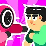 En tegneseriefigur i pink dragt med maske står overfor en brunhåret person i grønt tøj mod en lilla strålebaggrund