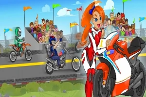 Tegnet motorcykelrace med tre motorcyklister, herunder en kvindelig kører i forgrunden, og et heppende publikum i baggrunden