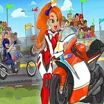Tegnet motorcykelrace med tre motorcyklister, herunder en kvindelig kører i forgrunden, og et heppende publikum i baggrunden