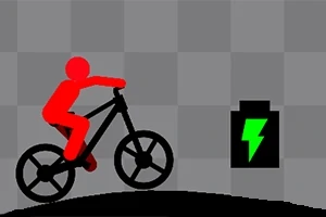 Rød silhuet af en person på cykel ved siden af et ikon af et batteri med en grøn lynild på en gråternet baggrund
