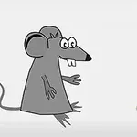 En tegneseriemus med store øjne kigger på et stykke gul ost på en lys baggrund