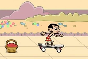 En animeret figur i badebukser kører på skateboard forbi en kurv med et tæppe i et farverigt landskab
