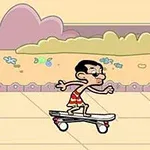 En animeret figur i badebukser kører på skateboard forbi en kurv med et tæppe i et farverigt landskab