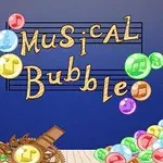 Farverige bobler med musiknoter svæver rundt om teksten Musical Bubble på en blå baggrund med tandhjul i bunden