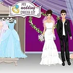Et brudeparsfigur står ved siden af et skab med fem farverige kjoler, omgivet af en lilla baggrund og et skilt med teksten My Wedding Dress Up