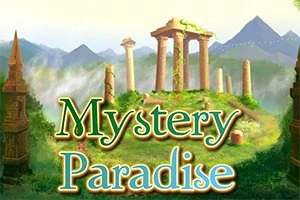 Oldgamle søjler står blandt frodige, grønne omgivelser med mystiske bjerge i baggrunden og teksten Mystery Paradise foran