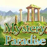 Oldgamle søjler står blandt frodige, grønne omgivelser med mystiske bjerge i baggrunden og teksten Mystery Paradise foran