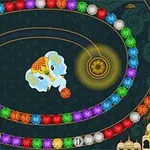 En elefant i midten af billedet skyder farverige kugler mod en snoet række af lignende kugler mod en dekorativ baggrund