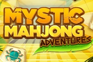 Farverigt logo med teksten Mystic Mahjong Adventures og en illustration af en krabbe på en brik