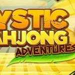 Farverigt logo med teksten Mystic Mahjong Adventures og en illustration af en krabbe på en brik