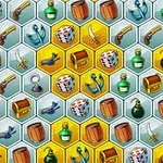 Sekskantede felter med forskellige piratinspirerede symboler såsom tønder, sværd, ankre, flasker og skattekister på en baggrund af blå og gule hexagoner