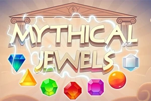 Titel Mythical Jewels med forskellige farvestrålende ædelsten foran en græskinspireret tempelbaggrund