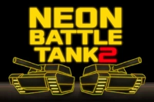 To gule, neonlysende kamptanks og teksten NEON BATTLE TANK 2 med rød tal