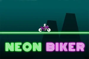 En lilla motorcykel kører på en lysende grøn linje med teksten Neon Biker i neonfarver nedenunder