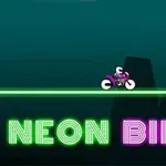 En lilla motorcykel kører på en lysende grøn linje med teksten Neon Biker i neonfarver nedenunder