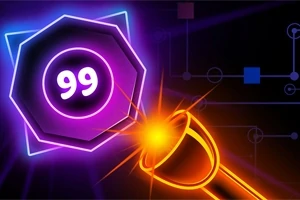 Neonlysende tal 99 inde i en ottekantet form ved siden af en lysende kanon, omgivet af farverige geometriske mønstre