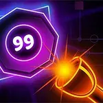 Neonlysende tal 99 inde i en ottekantet form ved siden af en lysende kanon, omgivet af farverige geometriske mønstre