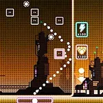 Futuristisk bybillede med geometriske former, lysende ikoner og stiplede linjer mod en orange baggrund