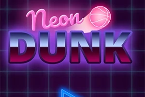 Neonfarvede bogstaver med ordet Neon Dunk og en lysende neon-basketball på en mørk baggrund med gittermønster