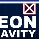 Hvid tekst NEON GRAVITY på mørk baggrund med neonfarvede geometriske former