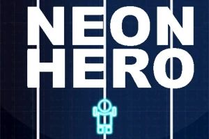 Hvid tekst NEON HERO på mørk baggrund med en lille lysende blå figur nedenunder
