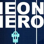 Hvid tekst NEON HERO på mørk baggrund med en lille lysende blå figur nedenunder