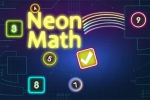 Neonfarvede tal og symboler på en mørk baggrund med teksten Neon Math og regnbuegrafik