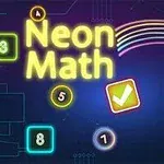 Neonfarvede tal og symboler på en mørk baggrund med teksten Neon Math og regnbuegrafik