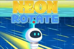 Tegneserie-robot med sort skærm og blå øjne foran en neon-baggrund med gule og blå streger, og teksten Neon Rotate øverst