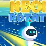Tegneserie-robot med sort skærm og blå øjne foran en neon-baggrund med gule og blå streger, og teksten Neon Rotate øverst