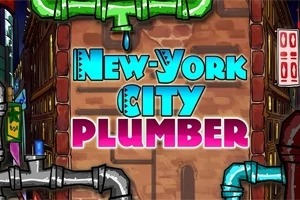 Teksten New-York City Plumber i levende farver på en murstensvæg baggrund med rør, der indrammer billedet