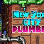 Teksten New-York City Plumber i levende farver på en murstensvæg baggrund med rør, der indrammer billedet