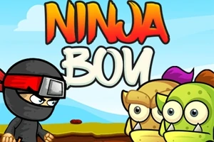 En tegneserie-ninja med sort dragt står over for to tegneserie-monstre under en blå himmel med teksten Ninja Boy øverst