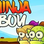 En tegneserie-ninja med sort dragt står over for to tegneserie-monstre under en blå himmel med teksten Ninja Boy øverst