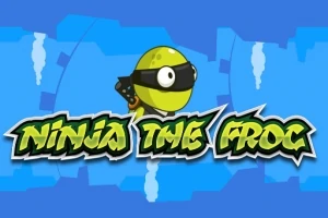 En grøn tegneseriefrø med ninja-maske står over teksten Ninja The Frog med blå baggrund