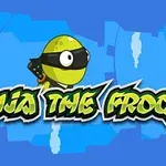 En grøn tegneseriefrø med ninja-maske står over teksten Ninja The Frog med blå baggrund