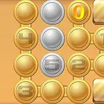 Guld- og sølvknapper med numre arrangeret i et gitter på en beige baggrund