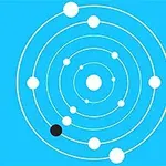 Illustration af koncentriske cirkler med hvide prikker og en sort prik mod en blå baggrund
