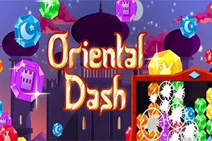 Farverige juveler svæver foran en silhouet af en orientalsk bygning med ordene Oriental Dash i midten