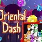 Farverige juveler svæver foran en silhouet af en orientalsk bygning med ordene Oriental Dash i midten