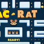 En labyrint med teksten PAC-RAT, en grafisk mus i midten, og ordet READY!