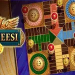 Et brætspil med farverige cirkler, en terning og titlen Parcheesi i en dekorativ ramme
