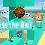 To figurer med kantet design står på en platform og kaster en basketball til hinanden med teksten Pass the Ball imellem dem