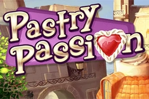 Titeltekst med ordet Pastry Passion i store bogstaver og et hjerte dekoreret som en kage, på en baggrund af en solrig, malerisk by med pastelfarvede bygninger