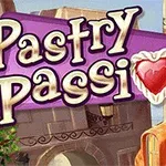 Titeltekst med ordet Pastry Passion i store bogstaver og et hjerte dekoreret som en kage, på en baggrund af en solrig, malerisk by med pastelfarvede bygninger